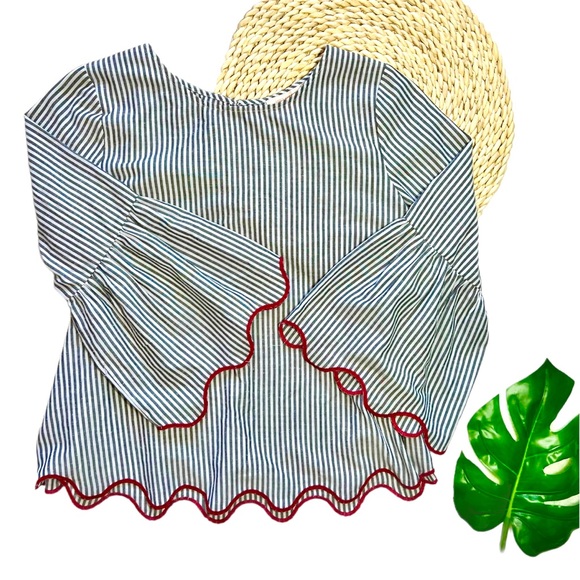 Skies Are Blue Tops - Skies are Blue Anthro Gray Stripe 3/4 Sleeve Bell Sleeve Scallop Blouse Medium